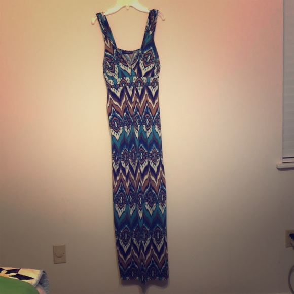 Patterned Brown and Teal Dress - Picture 1 of 2